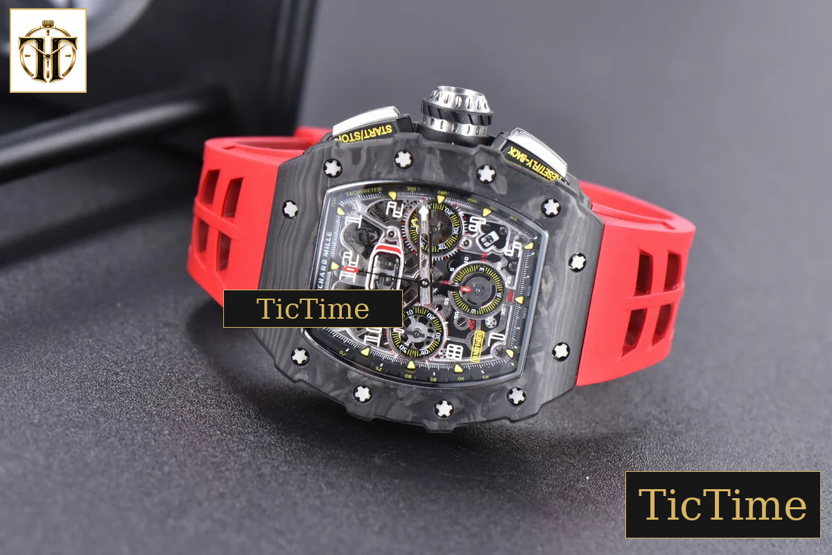 NTPT Chrono RM011 KVF Skeleton Dial Black Crown Red Rubber Strap V2 A7750 — foto 15