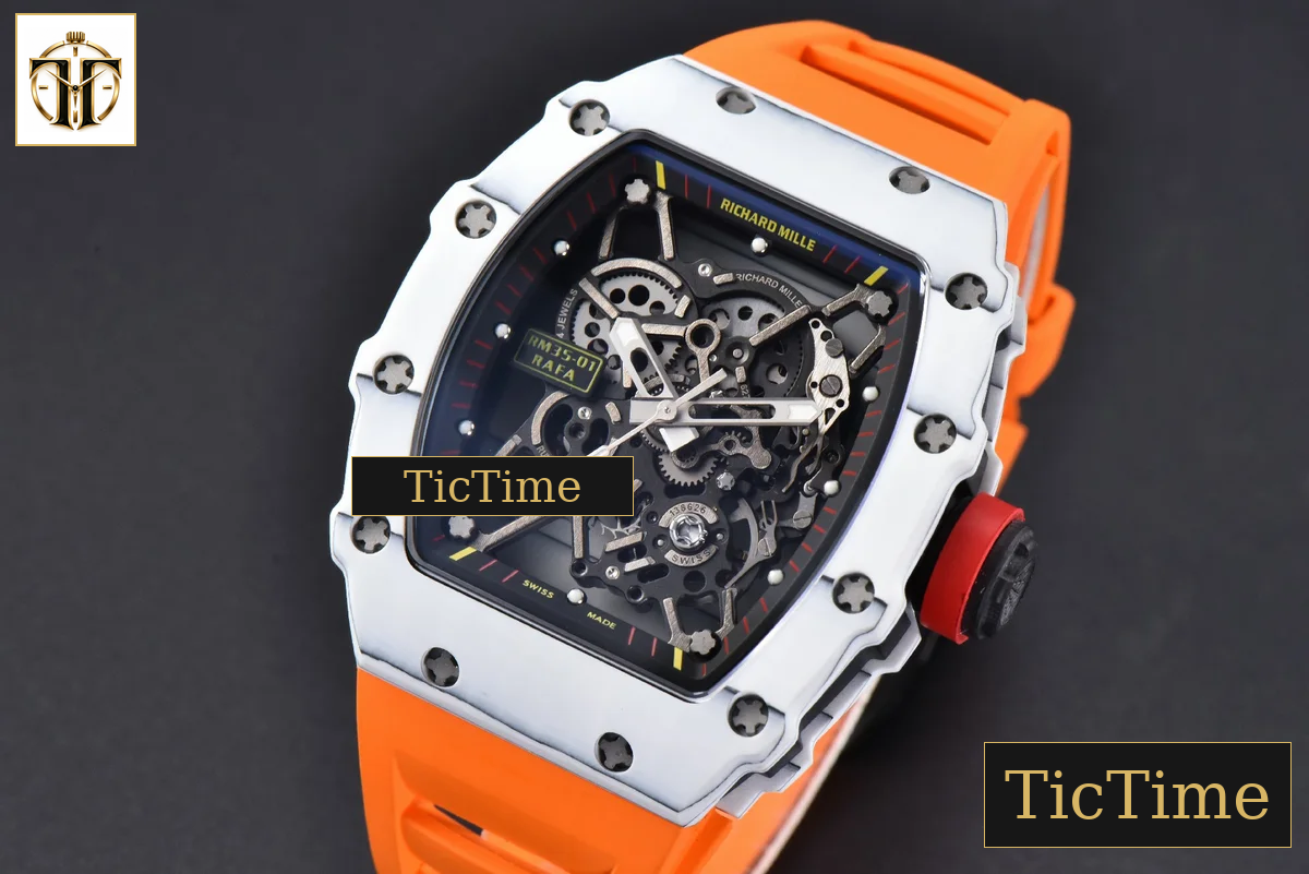RM035-02 42mm T+F White Forged Carbon Skeleton Dial Red Crown Orange Rubber Strap RMUL2 — foto 5