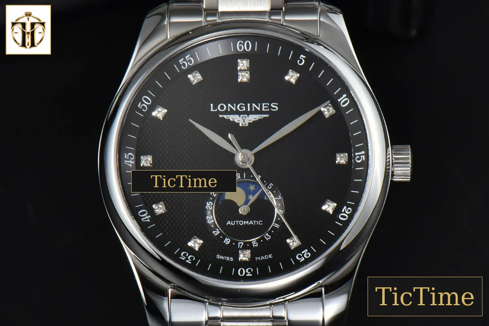 Master Moonphase 40mm GF Black Dial Diamond Marker SS Bracelet A899 — foto 4