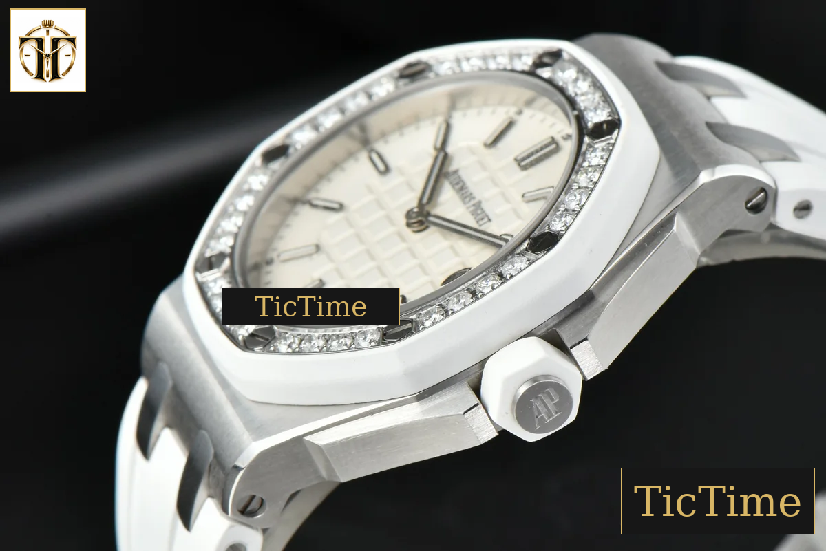Royal Oak Offshore Ladies 33mm RXWF SS Moissanite White Dial Diamonds Bezel White Rubber Strap Swiss Quartz — foto 9
