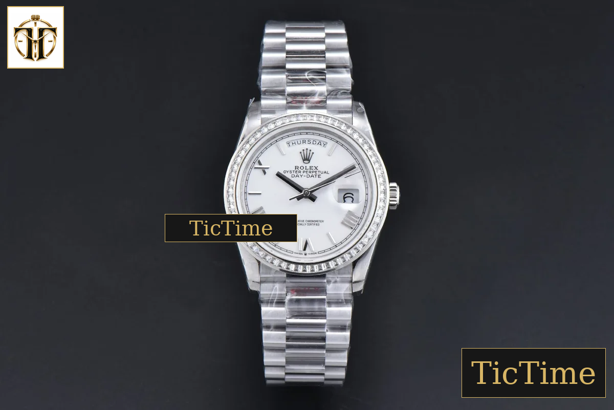 DayDate 36mm GMF SS Diamond Bezel White Dial Roman Marker President Bracelet (Tungsten) A2836 — foto 2