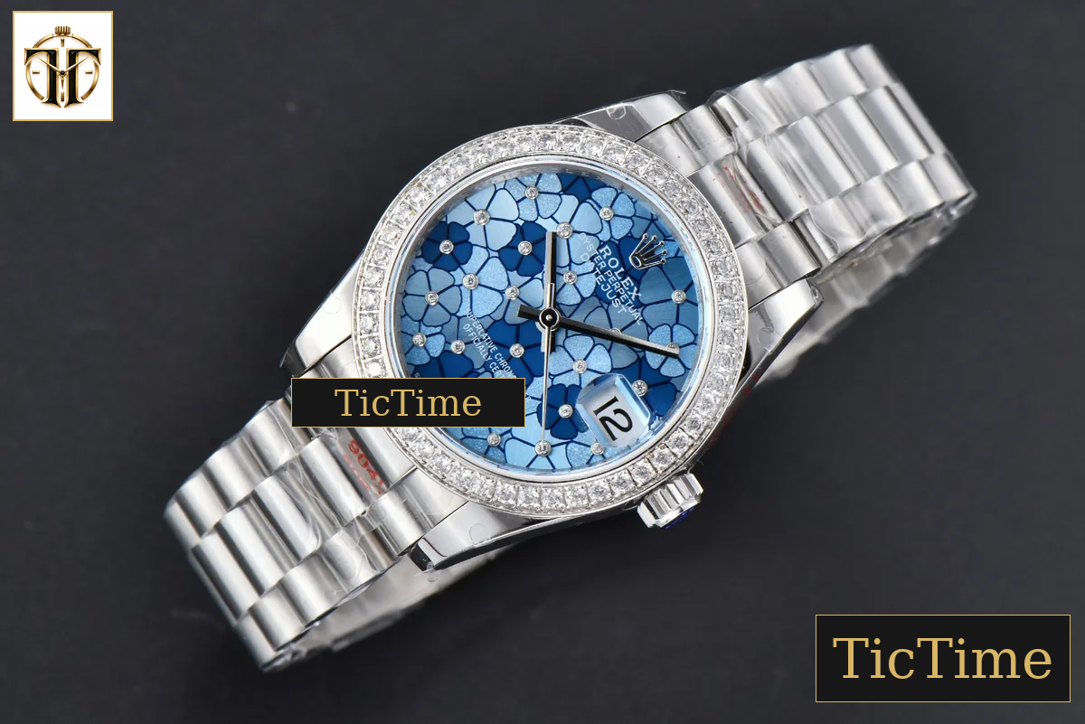 DateJust 904L 31mm GMF Diamond Bezel Blue Flowers Dial President Bracelet A2824 — foto 4