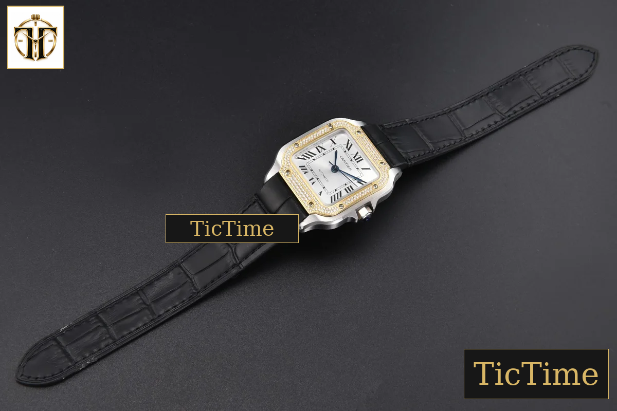 Santos de Cartier Medium 35mm AF SS White Dial YG Diamond Bezel Black Leather Strap Miyota 9015 — foto 31