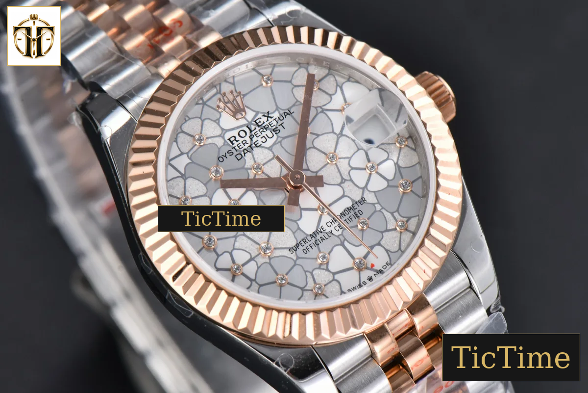DateJust 904L 31mm GMF RG/SS Fluted Bezel Silver Flowers Dial Jubilee Bracelet A2824 — foto 13