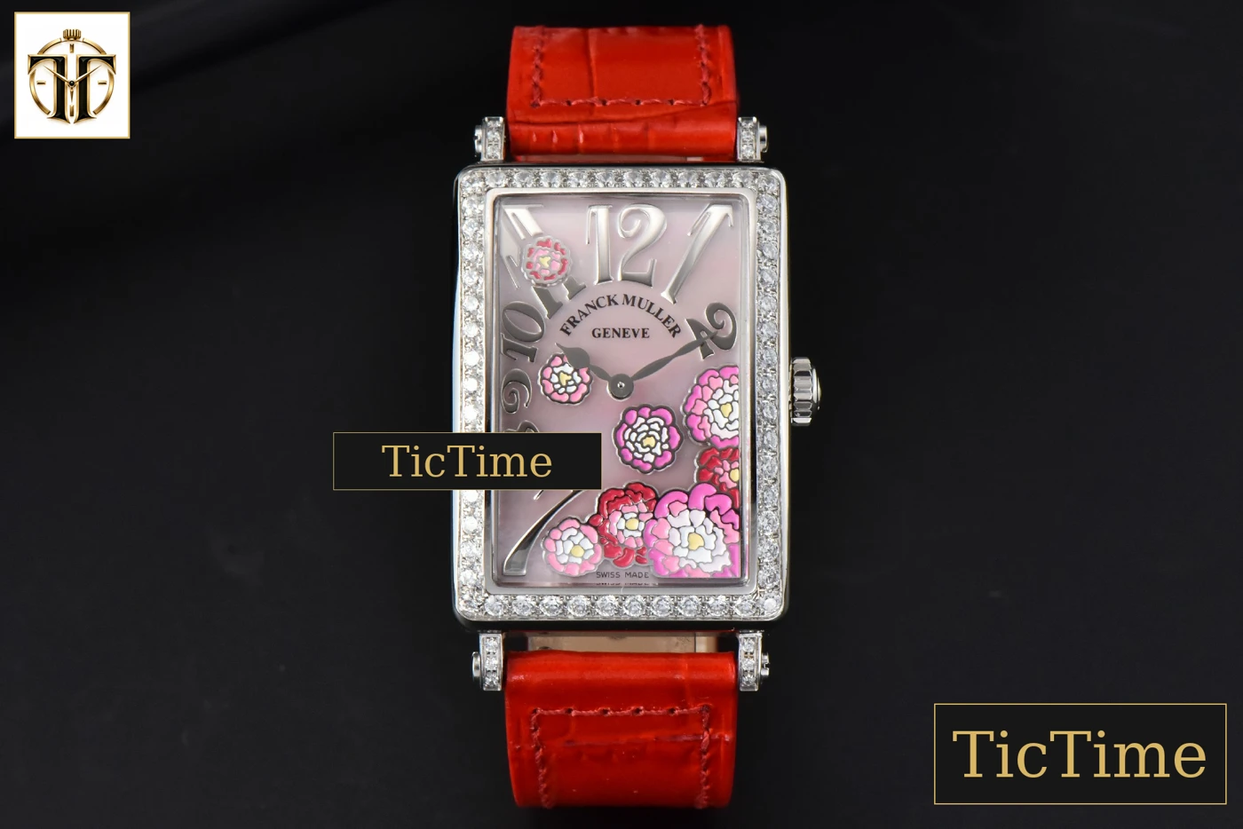 Vista frontal — Long Island Ladies 26mm ZF Diamond MOP Dial Red Leather Strap Swiss Ronda Quartz