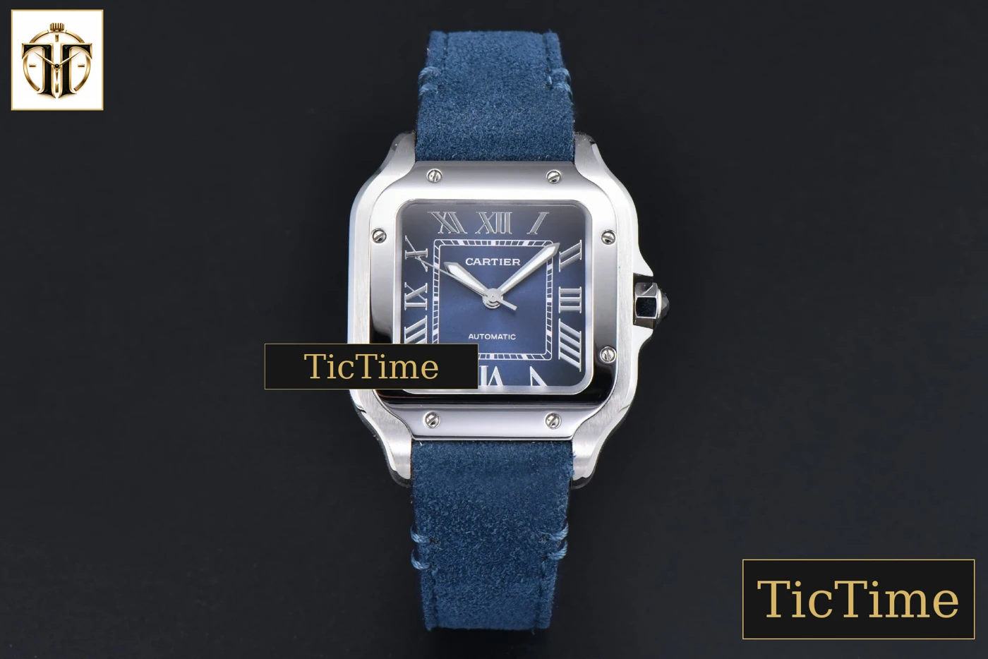 Vista frontal — Santos de Cartier Medium 35mm AF SS Blue Dial Blue Leather Strap Miyota 9015