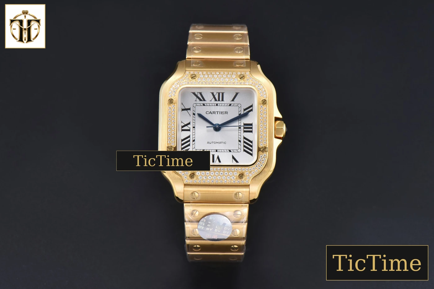 Vista frontal — Santos de Cartier Medium 35mm BVF YG Diamond Bezel White Dial YG Bracelet Miyota 9039