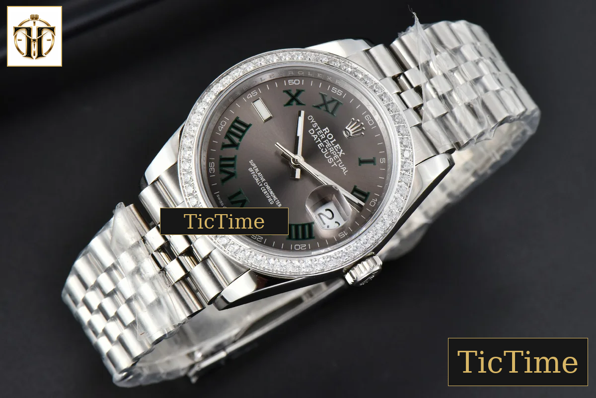 DateJust 36mm BPF Diamond Wimbledon Gray Dial Green Roma Marker Jubilee Bracelet A2824 — foto 14