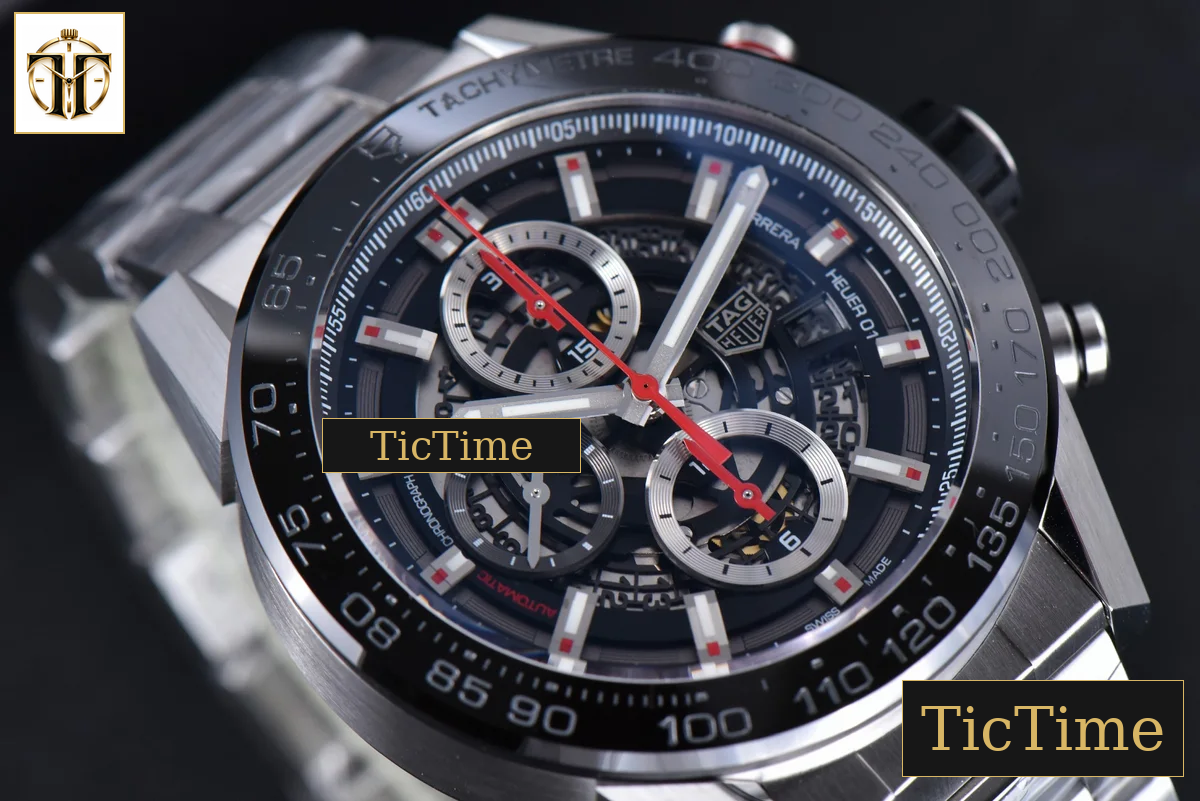 Calibre Heuer 01 Chrono 45mm XF PVD Skeleton Dial Red Hand SS Bracelet A1887 — foto 11