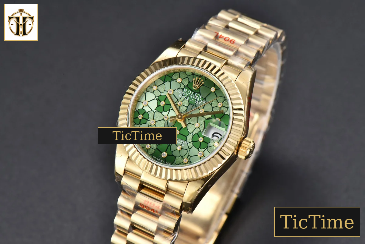 DateJust 904L 31mm GMF YG Fluted Bezel Green Flowers Dial President Bracelet A2824 — foto 5