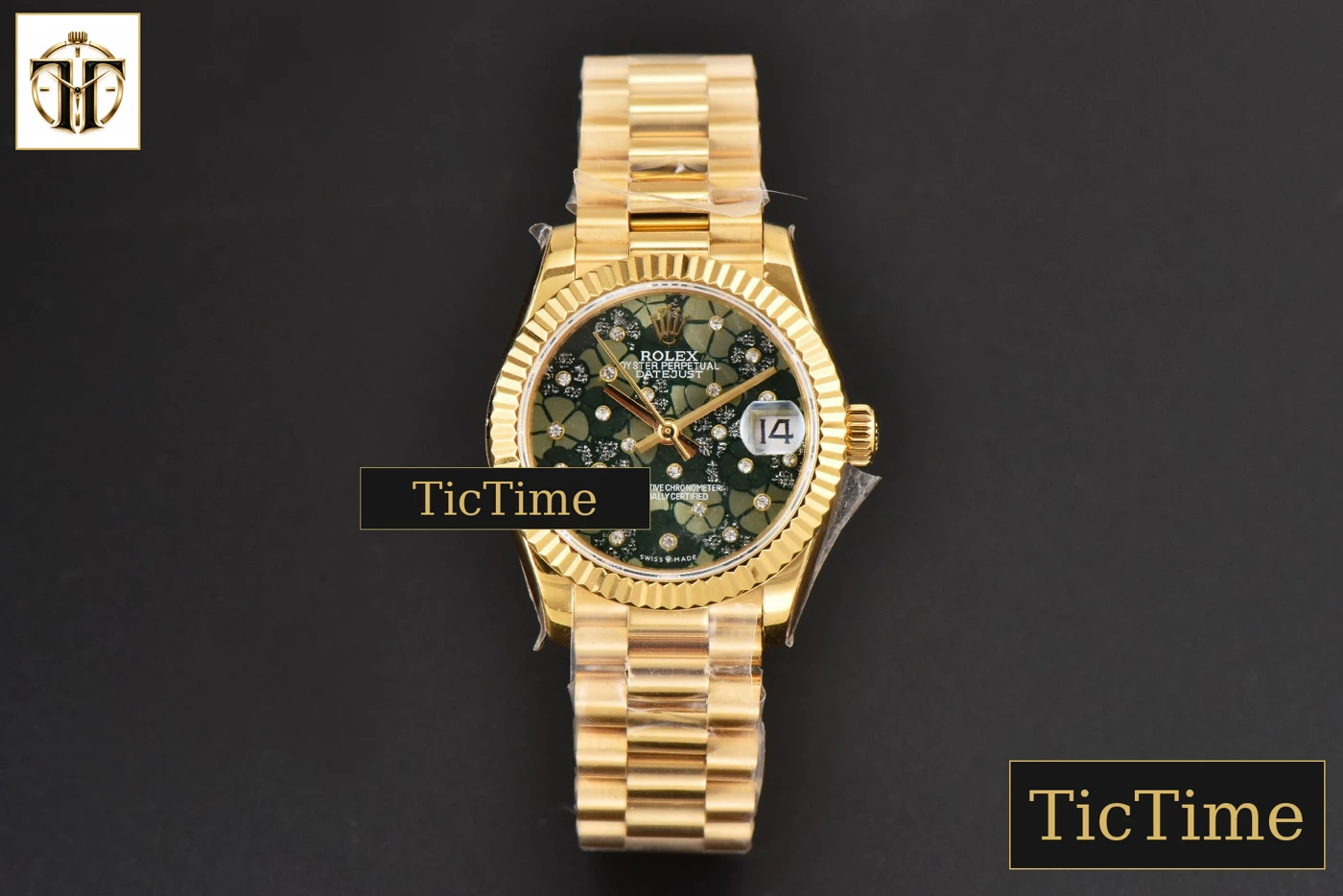 Vista frontal — DateJust Ladies 904L 31mm WF YG Flowers Dial Oyster Bracelet A2671