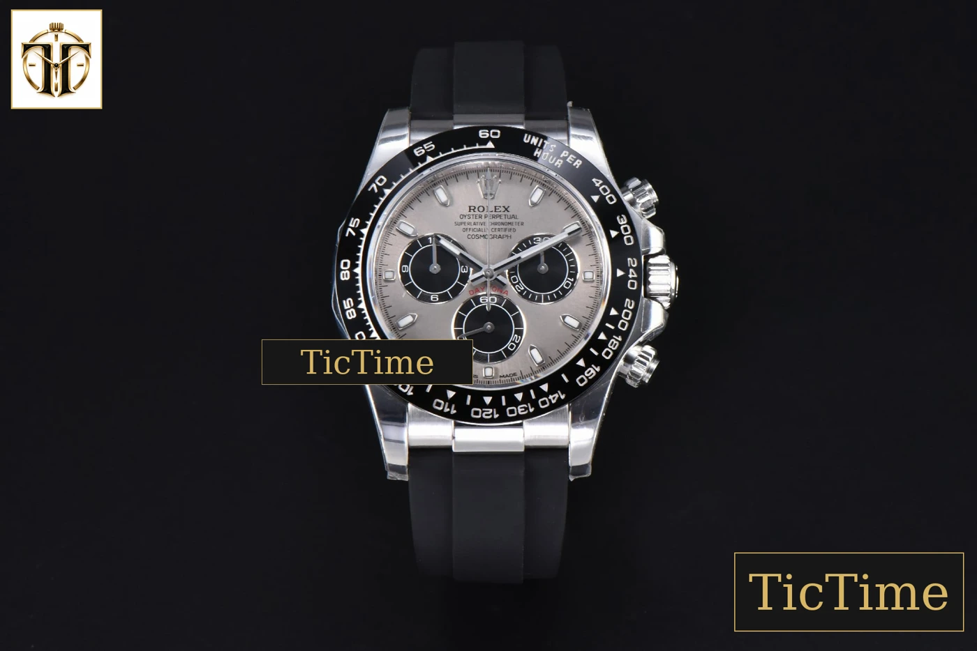 Vista frontal — Daytona 116519 40mm ZF SS Gray Black Subdial Oysterflex Strap SH4130