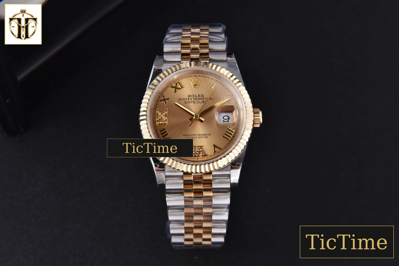 Vista frontal — DateJust 904L 36mm GMF YG/SS Fluted Bezel YG Dial Diamond Roma Marker Jubilee Bracelet VR3235