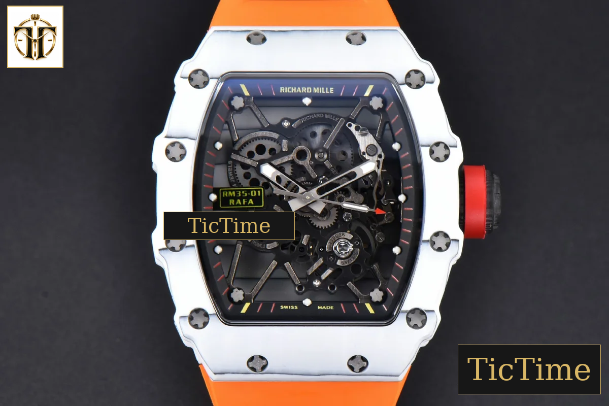 RM035-02 42mm T+F White Forged Carbon Skeleton Dial Red Crown Orange Rubber Strap RMUL2 — foto 2