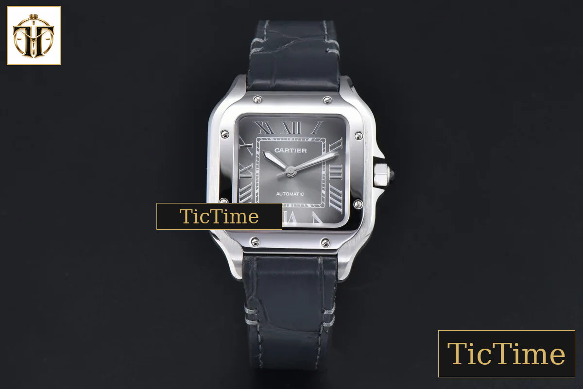 Santos de Cartier Medium 35mm AF SS Grey Dial Black Leather Strap Miyota 9015 — foto 2
