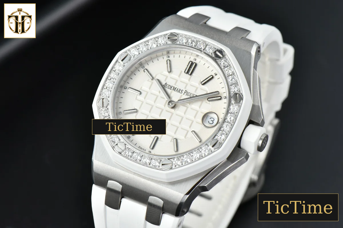 Royal Oak Offshore Ladies 33mm RXWF SS Moissanite White Dial Diamonds Bezel White Rubber Strap Swiss Quartz — foto 4