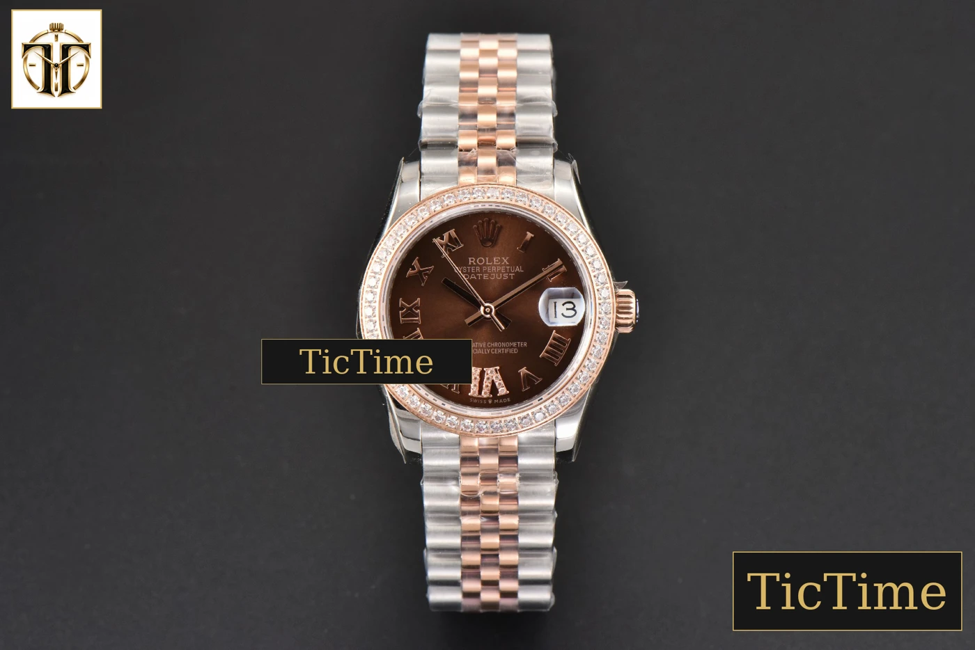 Vista frontal — DateJust Ladies 904L 31mm WF RG/SS Diamond Brown Dial Diamond Roma Marker Jubilee Bracelet A2671