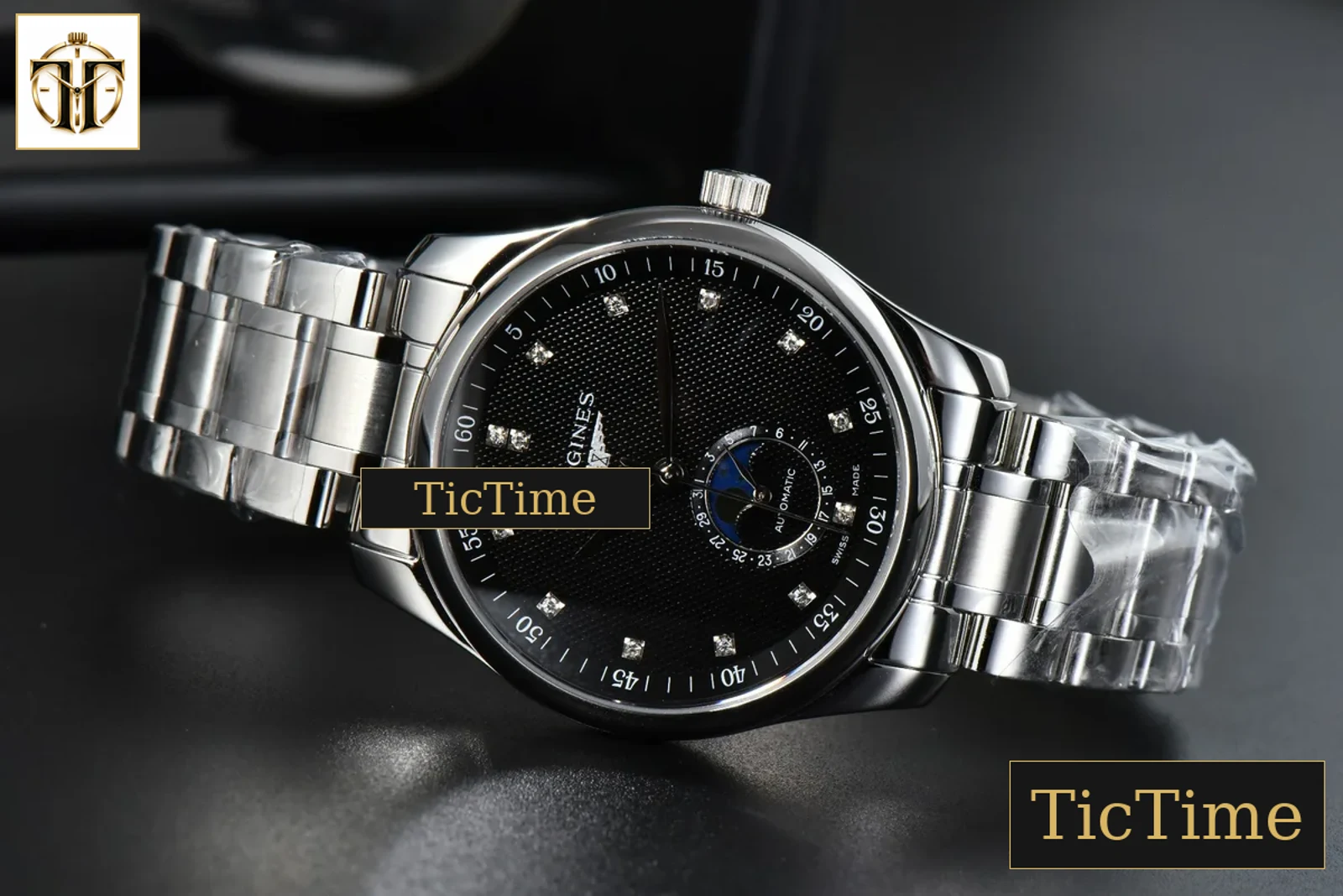 Master Moonphase 40mm GF Black Dial Diamond Marker SS Bracelet A899 — foto 5