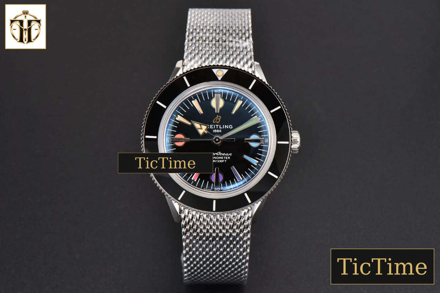Vista frontal — SuperOcean Heritage 42mm GF SS Black Ceramic Black Dial Rainbow Marker Mesh Bracelet A2824