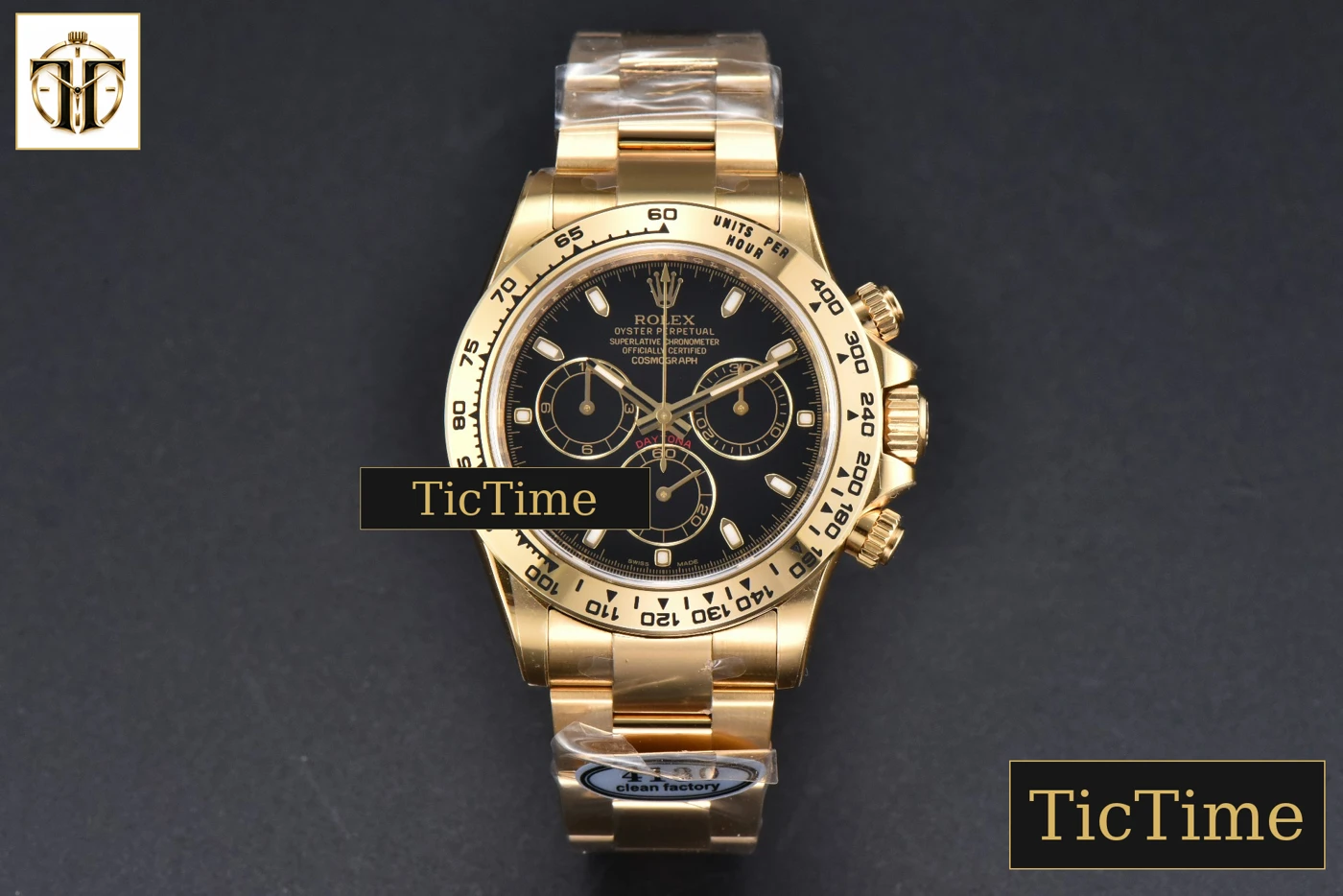 Vista frontal — Daytona 116508 40mm Clean Factory YG 904L Black Dial YG Bracelet SA4130
