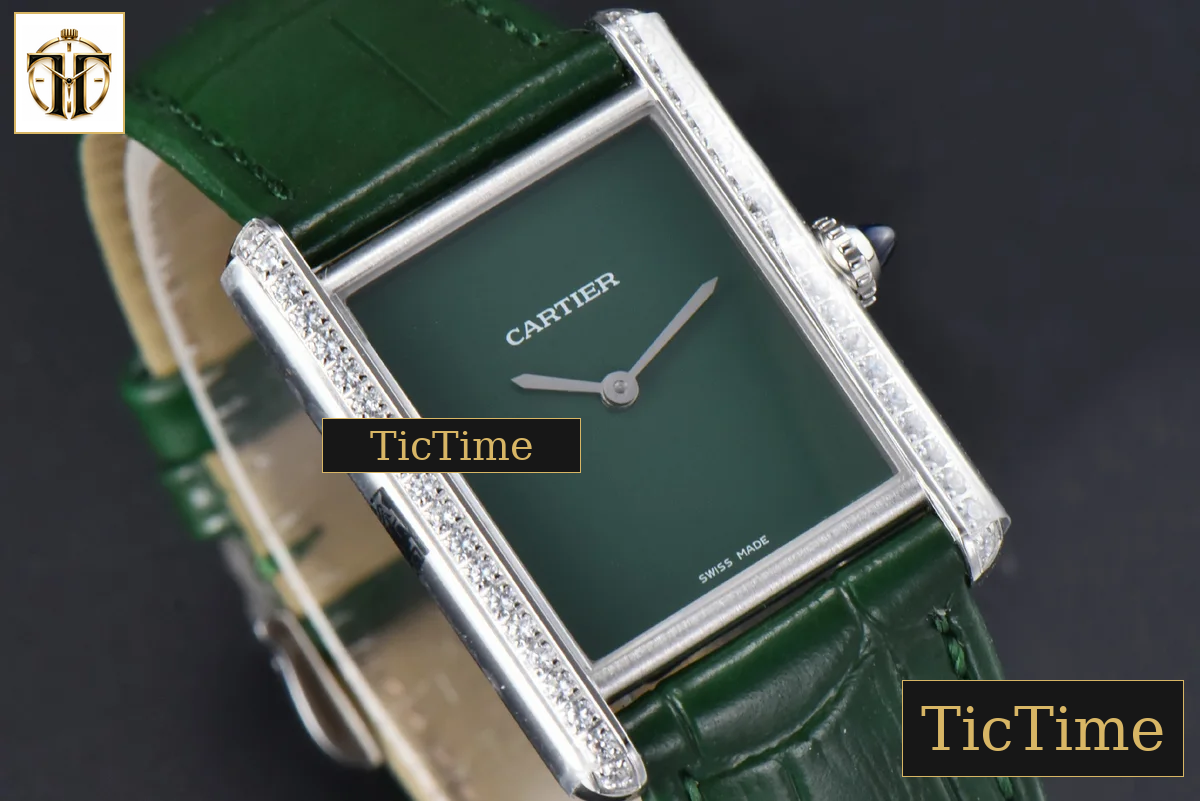Tank Must Large 33.7×25.5mm K11F Diamond Bezel Green Dial Green Leather Strap Quartz — foto 8