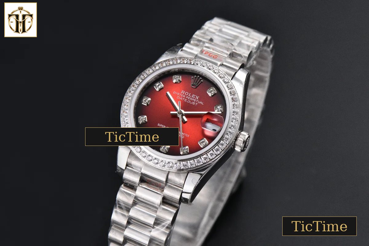 DateJust 904L 31mm GMF Diamond Bezel Red Dial Diamond Marker SS President Bracelet A2824 — foto 4