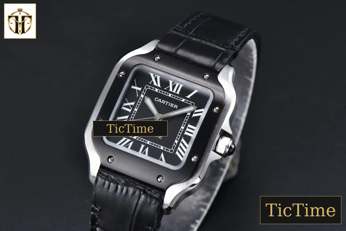 Santos de Cartier Medium 35mm AF SS Black Dial Black Bezel Black Leather Strap Miyota 9015 — foto 3