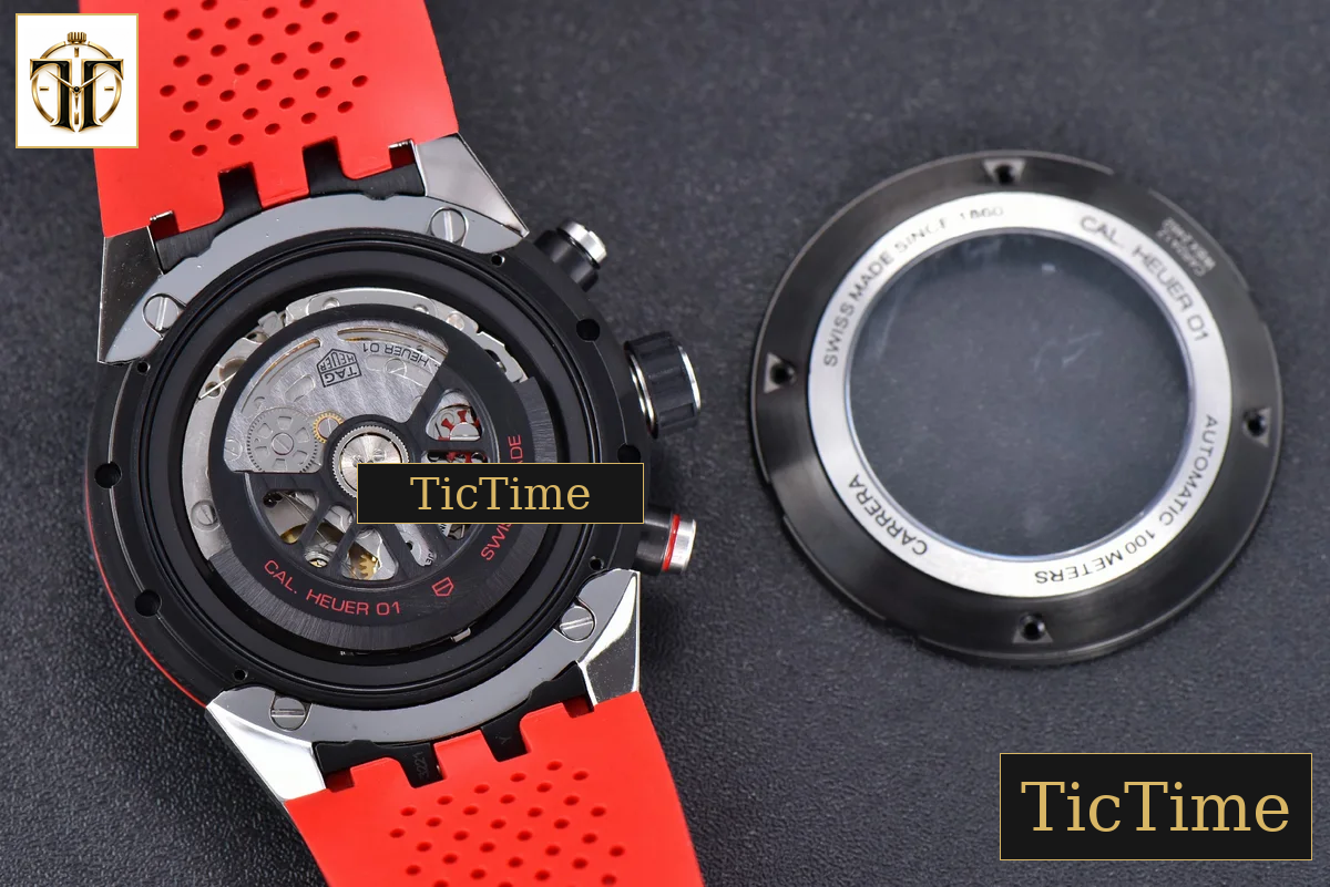 Calibre Heuer 01 Chrono 45mm XF Skeleton Dial Red Hand Red Rubber Strap A1887 — foto 17
