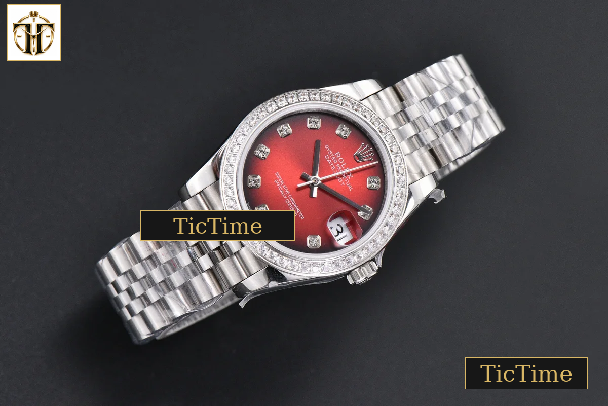 DateJust 904L 31mm GMF Diamond Bezel Red Dial Diamond Marker SS Jubilee Bracelet A2824 — foto 3