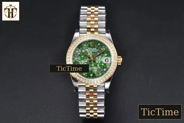 Foto frontal — DateJust 904L 31mm GMF YG Diamond Bezel Green Flowers Dial Jubilee Bracelet A2824