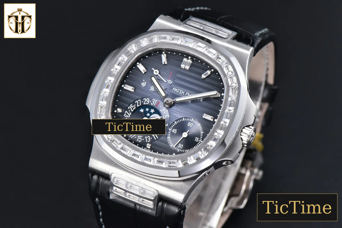 Nautilus 5712 40mm PPF Gray Diamond Bezel Blue Dial Diamond Marker Moonphase Black Leather Strap V3 A240 — foto 4