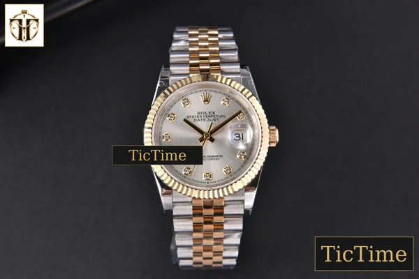 Foto frontal — DateJust 904L 36mm GMF YG/SS Fluted Bezel Silver Dial Diamond Marker Jubilee Bracelet VR3235