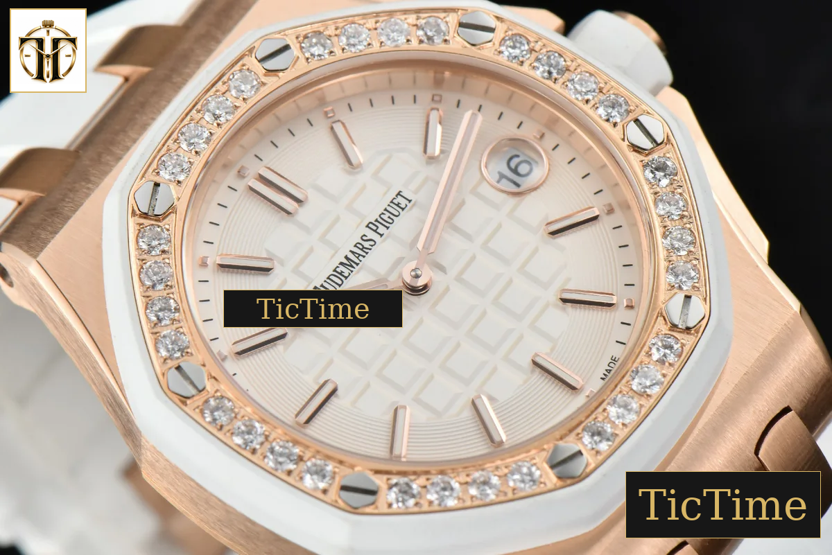 Royal Oak Offshore Ladies 33mm RXWF RG Moissanite White Dial Diamonds Bezel White Rubber Strap Swiss Quartz — foto 9