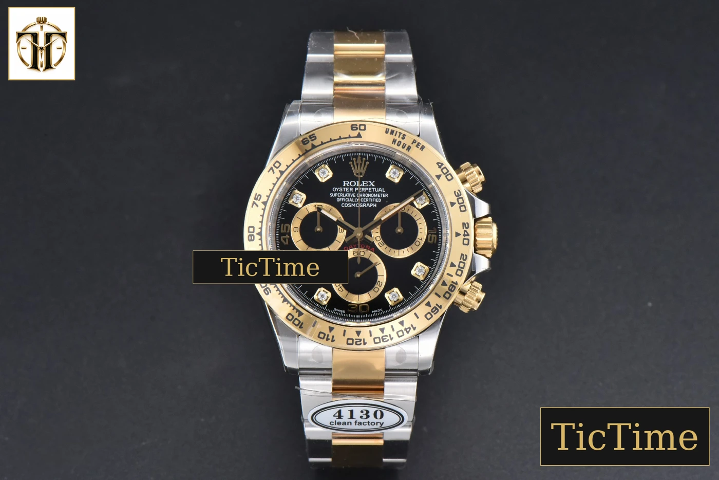 Vista frontal — Daytona 116503 40mm Clean Factory YG/SS Black Dial Diamond Marker YG/SS Bracelet A4130