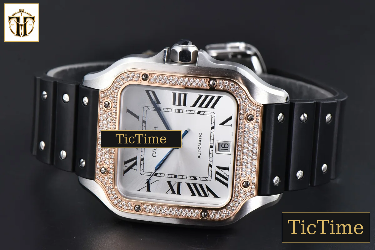 Santos de Cartier XL 40mm AF SS White Dial RG Diamond Bezel Black Rubber Strap Miyota 9015 — foto 11