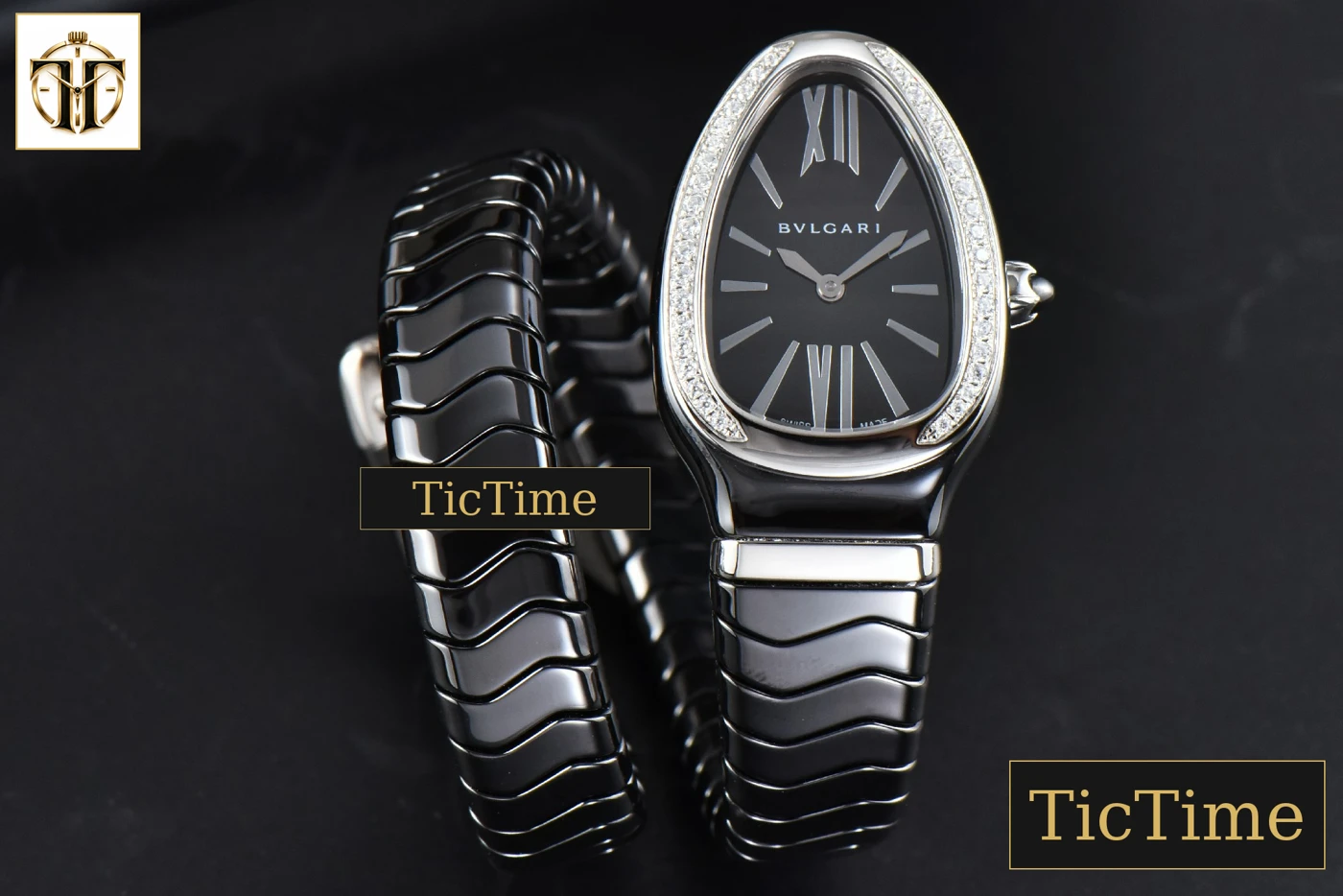 Vista frontal — Serpenti Spiga 35mm BVF SS Black Ceramic Black Dial Diamond Bezel Quartz