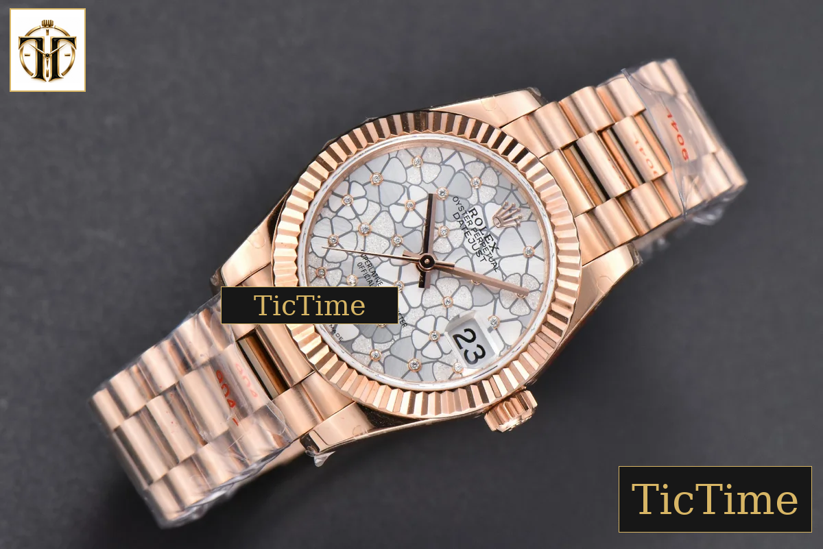 DateJust 904L 31mm GMF RG Fluted Bezel Silver Flowers Dial President Bracelet A2824 — foto 4