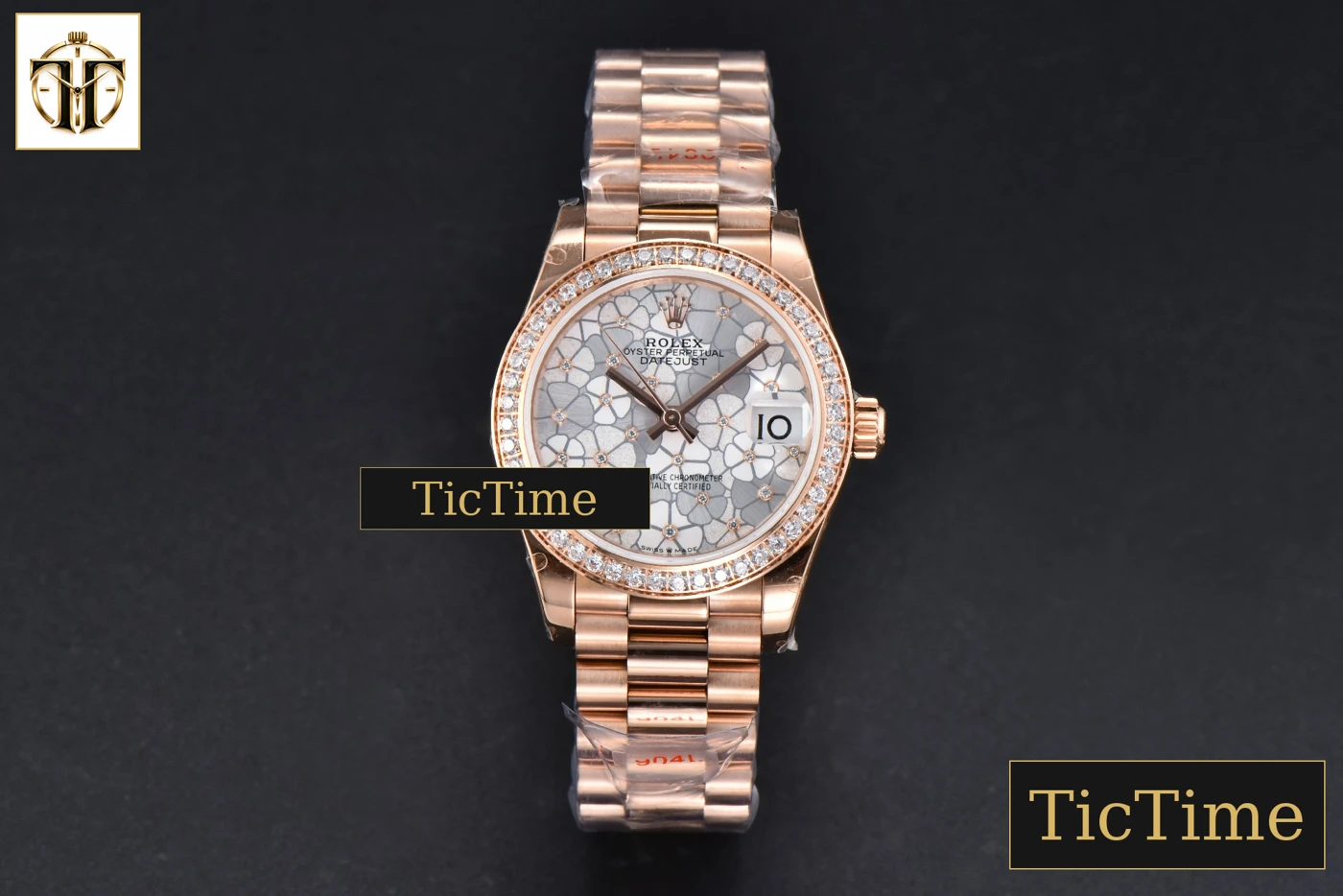 Vista frontal — DateJust 904L 31mm GMF RG Diamond Bezel Silver Flowers Dial President Bracelet A2824