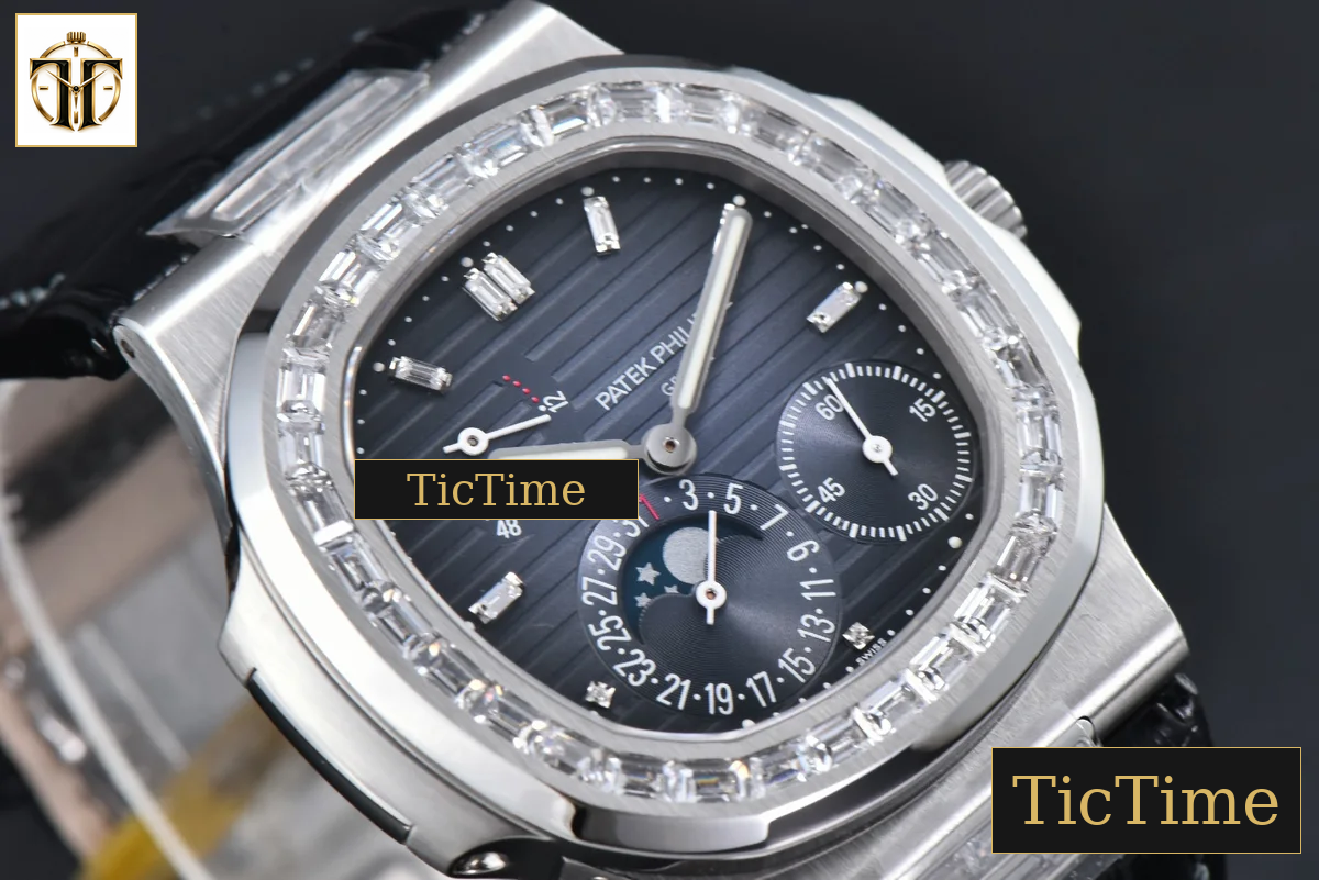 Nautilus 5712 40mm PPF Gray Diamond Bezel Blue Dial Diamond Marker Moonphase Black Leather Strap A240 — foto 13