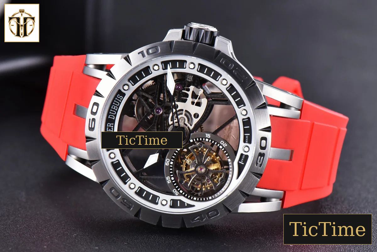 Excalibur Sports Tourbillon 46mm JBF Titanium Skeleton Dial Black Crown Red Rubber Strap — foto 11