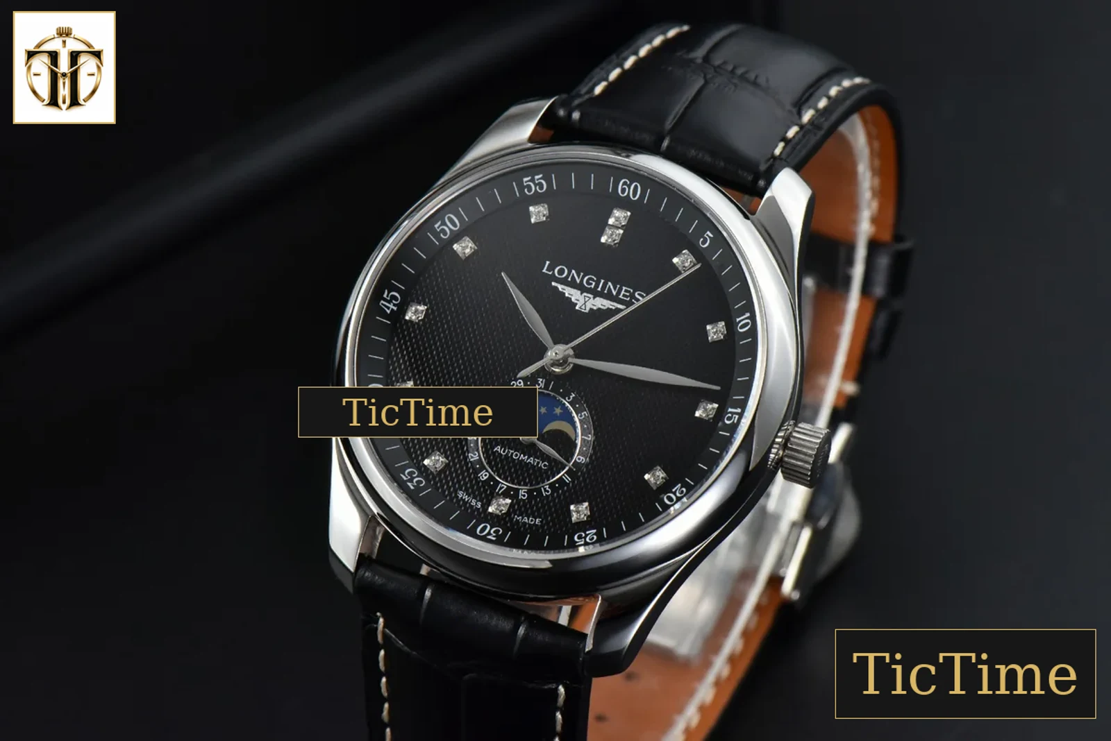 Master Moonphase 40mm GF Black Dial Diamond Marker Black Leather Strap A899 — foto 4