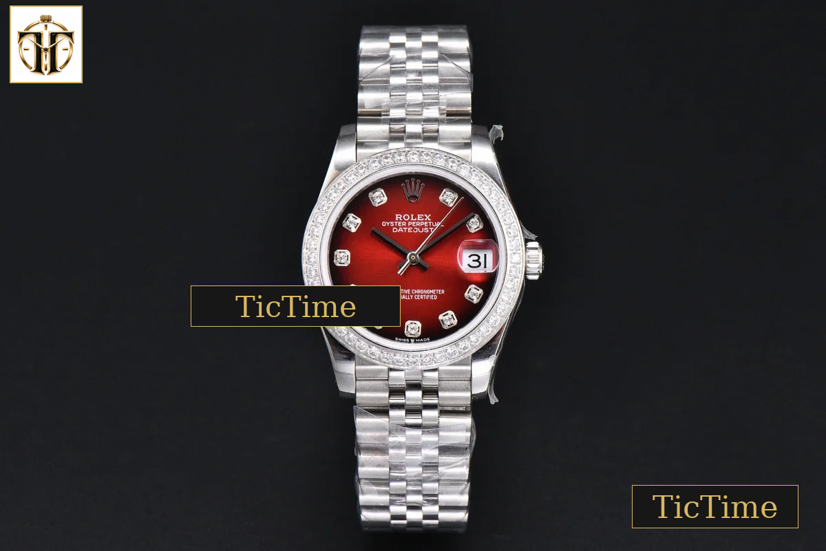 DateJust 904L 31mm GMF Diamond Bezel Red Dial Diamond Marker SS Jubilee Bracelet A2824 — foto 2