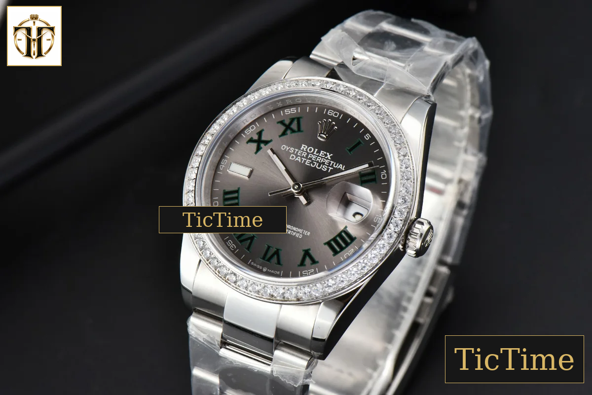 DateJust 36mm BPF Diamond Wimbledon Gray Dial Green Roma Marker Oyster Bracelet A2824 — foto 4