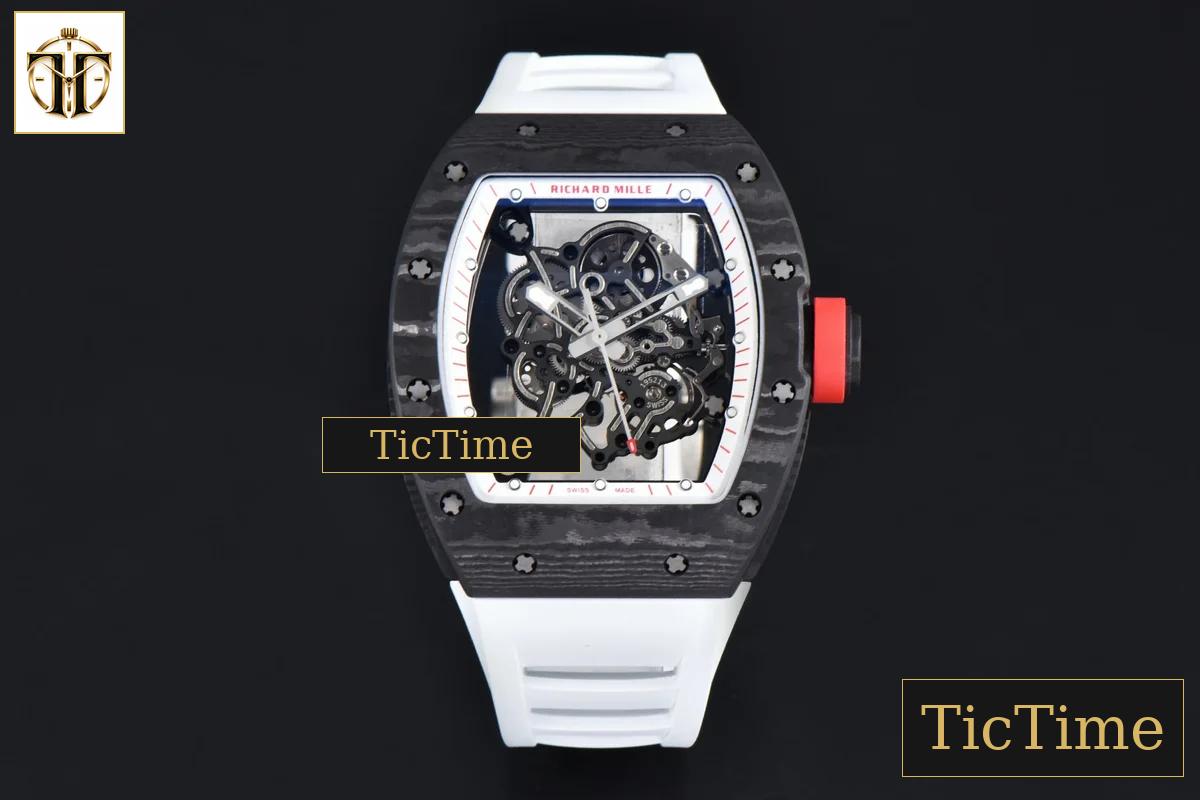 RM055 42.7mm APSF White Skeleton Dial Black Bezel Red Crown White Rubber Strap RMUL2 — foto 2