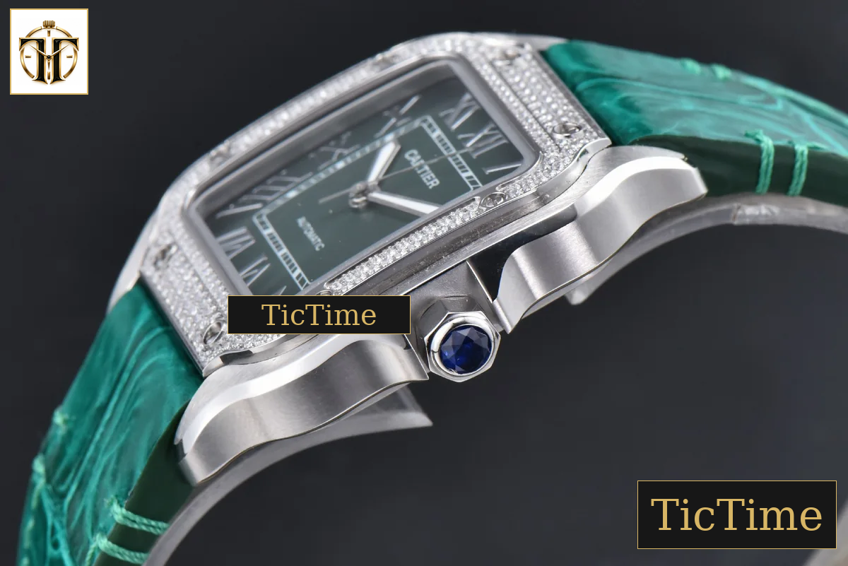 Santos de Cartier Medium 35mm AF SS Green Dial Diamond Bezel Green Leather Strap Miyota 9015 — foto 9
