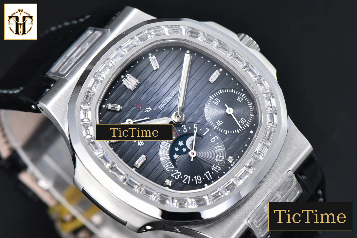 Nautilus 5712 40mm PPF Gray Diamond Bezel Blue Dial Diamond Marker Moonphase Black Leather Strap V3 A240 — foto 13