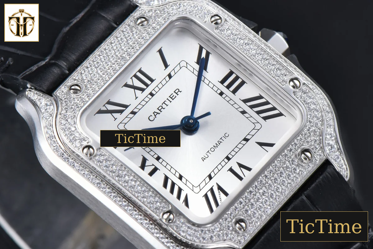 Santos de Cartier Medium 35mm AF SS White Dial Diamond Bezel Black Leather Strap Miyota 9015 — foto 10