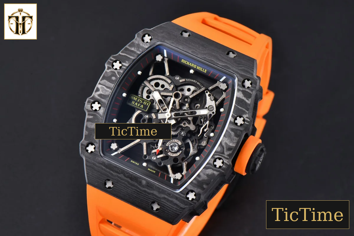 RM035-02 42mm T+F Black Forged Carbon Black Skeleton Dial Orange Crown Orange Rubber Strap RMUL2 — foto 5