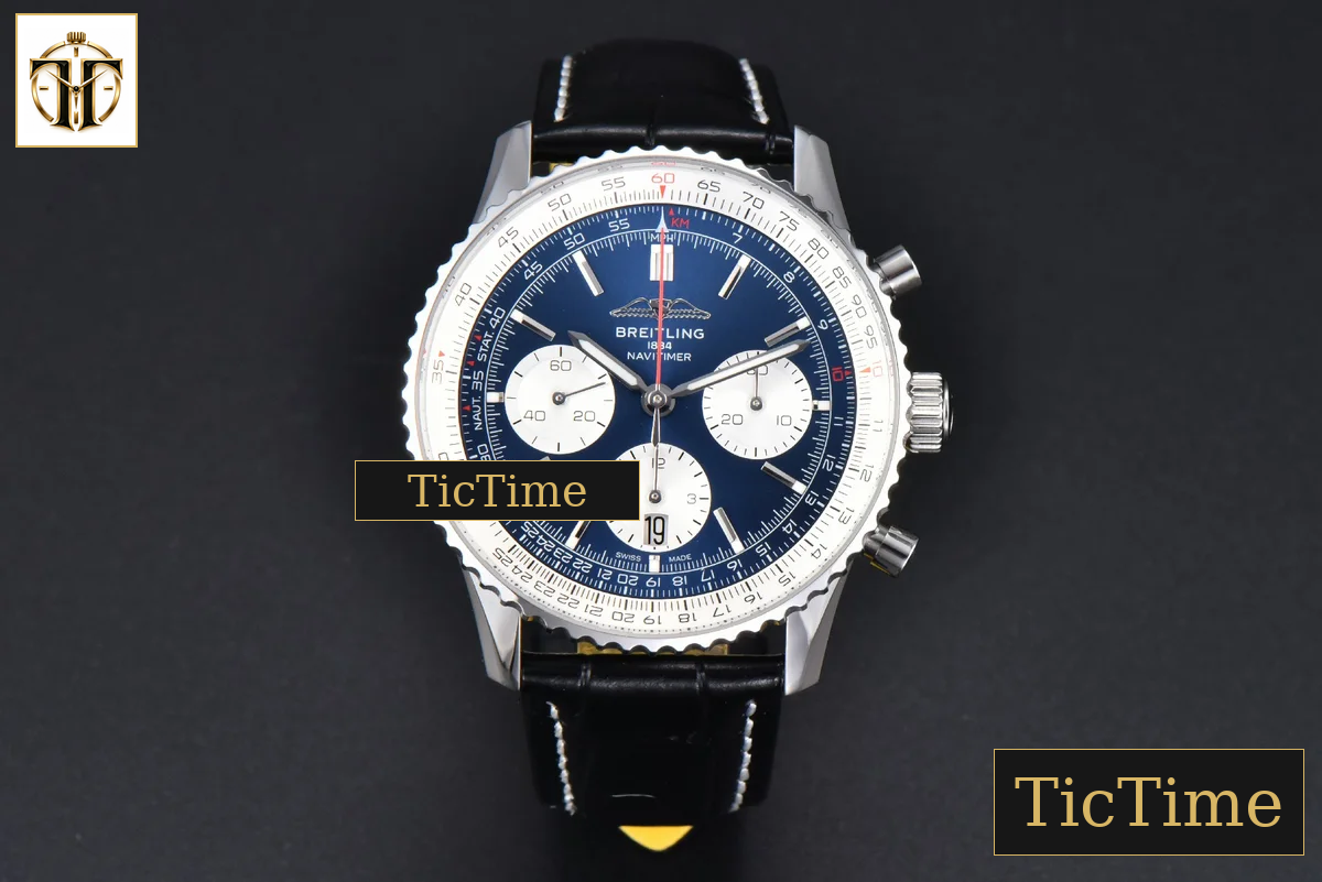 Navitimer B01 43mm BLSF Blue Dial White Subdial Black Leather Strap A7750 — foto 3