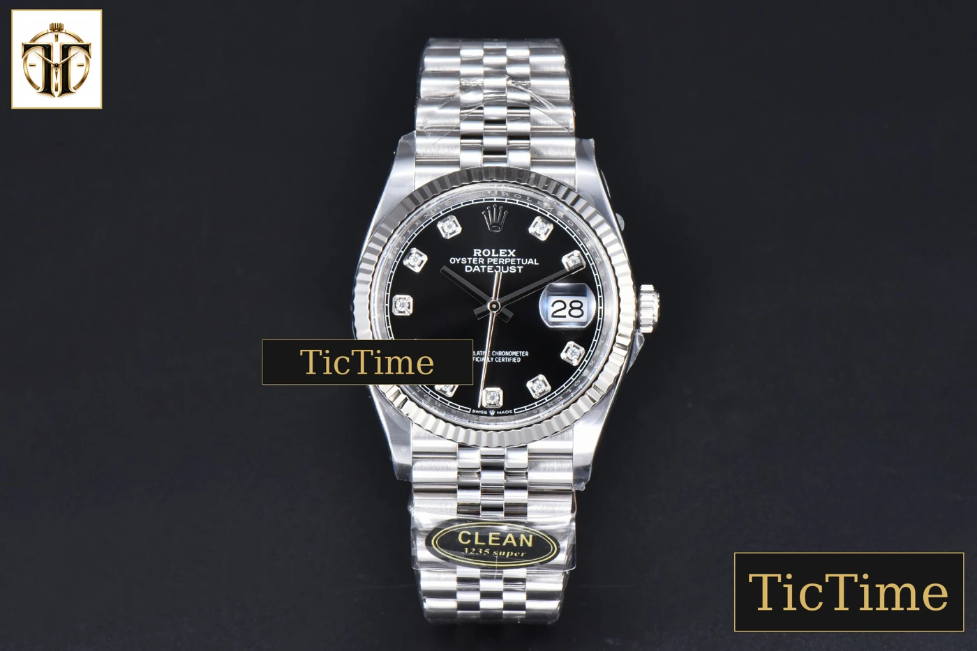 Vista frontal — DateJust 126234 36mm Clean Factory Black Dial Diamond Marker Jubilee Bracelet VR3235